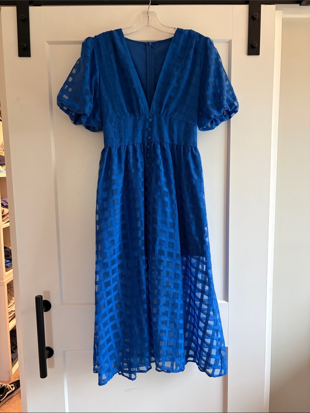Blue Gingham-Overlay Midi Dress